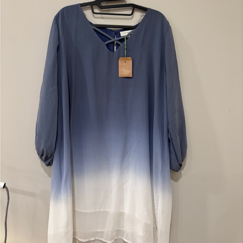 Umgee Women's XL Blue & White Dress/Tunic ‎ Ombre with Criss Cross Neckline NWT